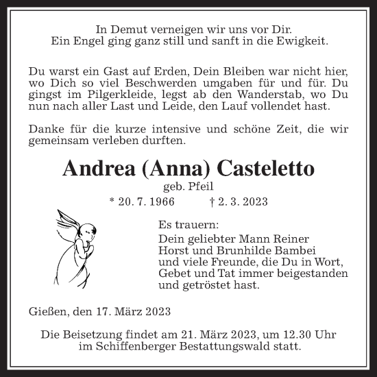 Traueranzeige von Andrea Casteletto von Giessener Allgemeine, Alsfelder Allgemeine, Wetterauer Zeitung