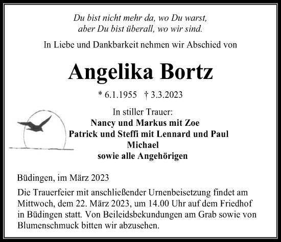 Traueranzeige von Angelika Bortz von Kreis-Anzeiger