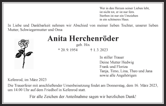 Traueranzeige von Anita Herchenröder von Kreis-Anzeiger