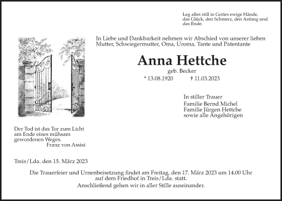 Traueranzeige von Anna Hettche von Giessener Allgemeine, Alsfelder Allgemeine