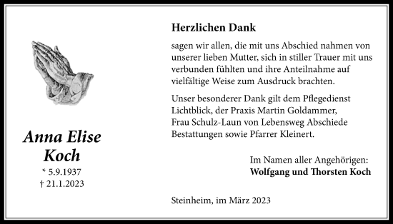 Traueranzeige von Anna Elise Koch von Licher Wochenblatt