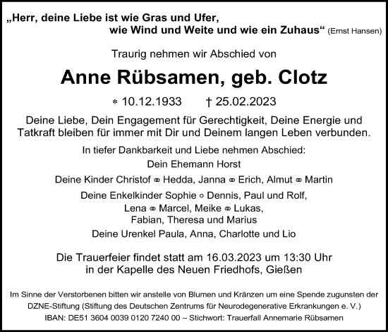 Traueranzeige von Anne Rübsamen von Giessener Allgemeine, Alsfelder Allgemeine, Giessener Anzeiger, Giessener Allgemeine, Alsfelder Allgemeine, Giessener Anzeiger