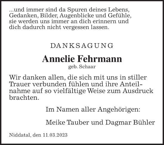 Traueranzeige von Annelie Fehrmann von Wetterauer Zeitung