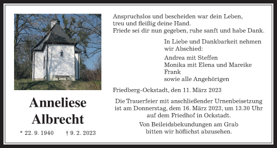 Traueranzeige von Anneliese Albrecht von Wetterauer Zeitung