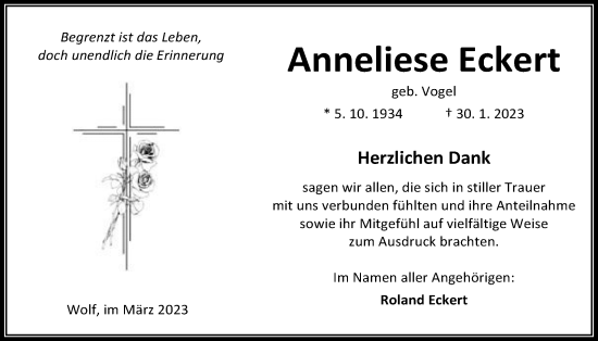 Traueranzeige von Anneliese Eckert von Kreis-Anzeiger, Kreis-Anzeiger