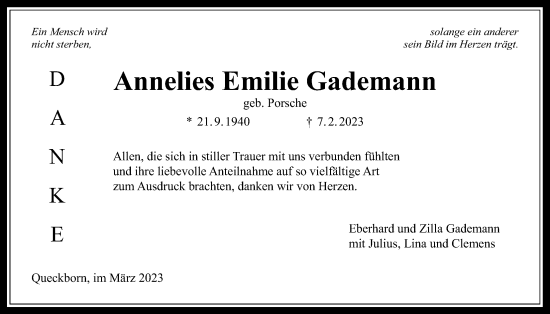 Traueranzeige von Annelies Emilie Gademann von Giessener Allgemeine, Alsfelder Allgemeine, Giessener Allgemeine, Alsfelder Allgemeine