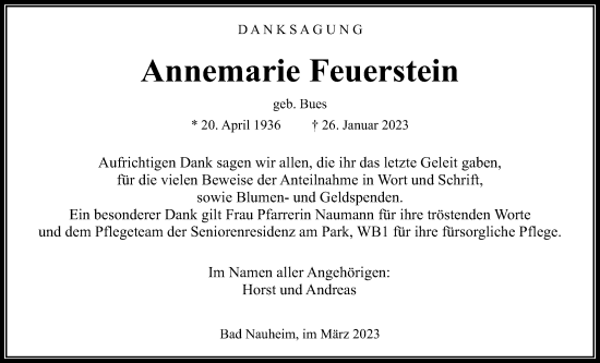 Traueranzeige von Annemarie Feuerstein von Wetterauer Zeitung, Wetterauer Zeitung