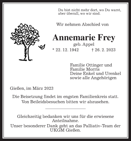 Traueranzeige von Annemarie Frey von Giessener Anzeiger