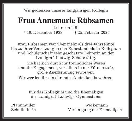 Traueranzeige von Annemarie Rübsamen von Giessener Allgemeine, Alsfelder Allgemeine