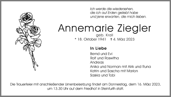 Traueranzeige von Annemarie Ziegler von Wetterauer Zeitung