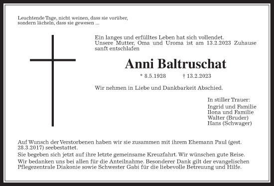 Traueranzeige von Anni Baltruschat von Giessener Allgemeine, Alsfelder Allgemeine, Giessener Anzeiger