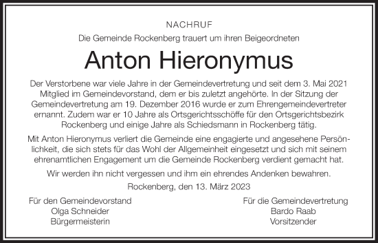 Traueranzeige von Anton Hieronymus von Wetterauer Zeitung