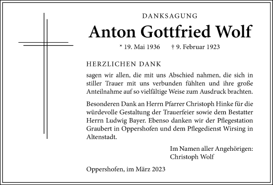 Traueranzeige von Anton Gottfried Wolf von Wetterauer Zeitung