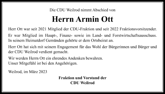 Traueranzeige von Armin Ott von Usinger Anzeiger