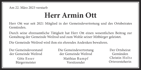 Traueranzeige von Armin Ott von Usinger Anzeiger