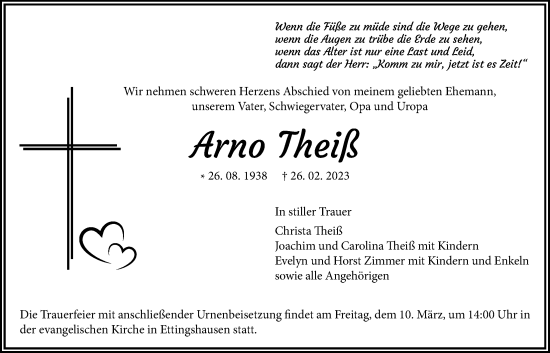 Traueranzeige von Arno Theiß von Giessener Allgemeine, Alsfelder Allgemeine, Giessener Allgemeine, Alsfelder Allgemeine