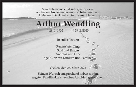 Traueranzeige von Arthur Wendling von Giessener Anzeiger, Giessener Allgemeine, Alsfelder Allgemeine