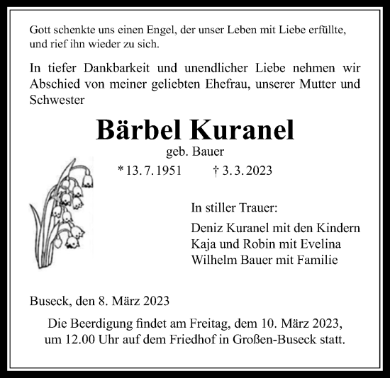 Traueranzeige von Bärbel Kuranel von Giessener Anzeiger
