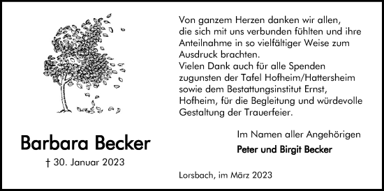 Traueranzeige von Barbara Becker 