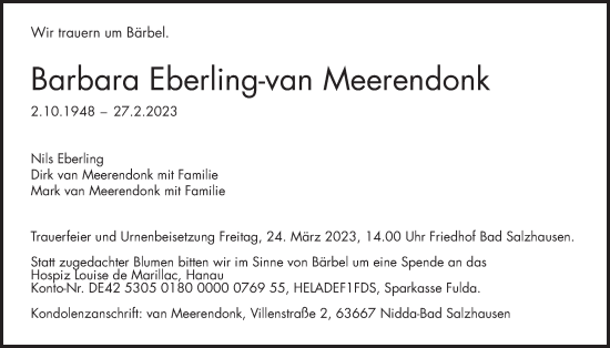 Traueranzeige von Barbara Eberling-van Meerendonk von Kreis-Anzeiger