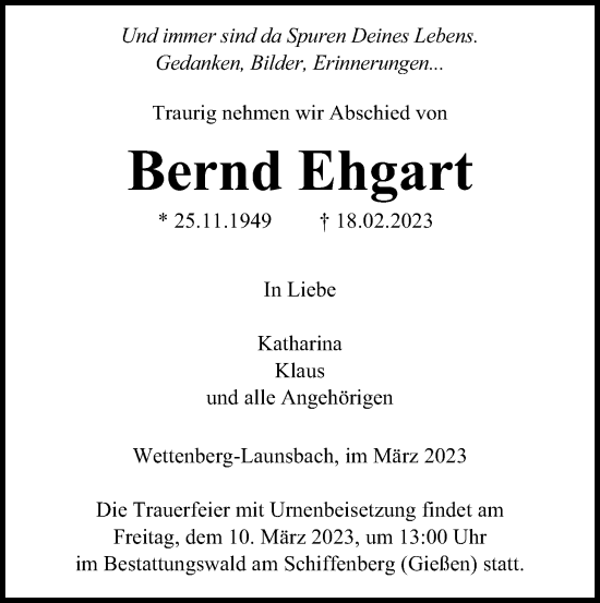 Traueranzeige von Bernd Ehgart von Giessener Allgemeine, Alsfelder Allgemeine, Giessener Anzeiger, Giessener Allgemeine, Alsfelder Allgemeine, Giessener Anzeiger