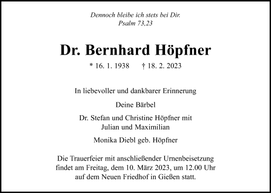 Traueranzeige von Bernhard Höpfner von Giessener Allgemeine, Alsfelder Allgemeine, Giessener Anzeiger