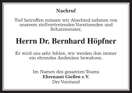 Traueranzeige von Bernhard Höpfner von Giessener Allgemeine, Alsfelder Allgemeine, Giessener Anzeiger