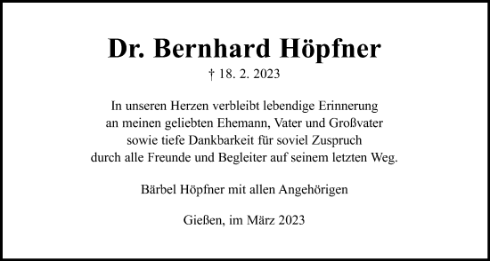 Traueranzeige von Bernhard Höpfner von Giessener Anzeiger, Giessener Allgemeine, Alsfelder Allgemeine