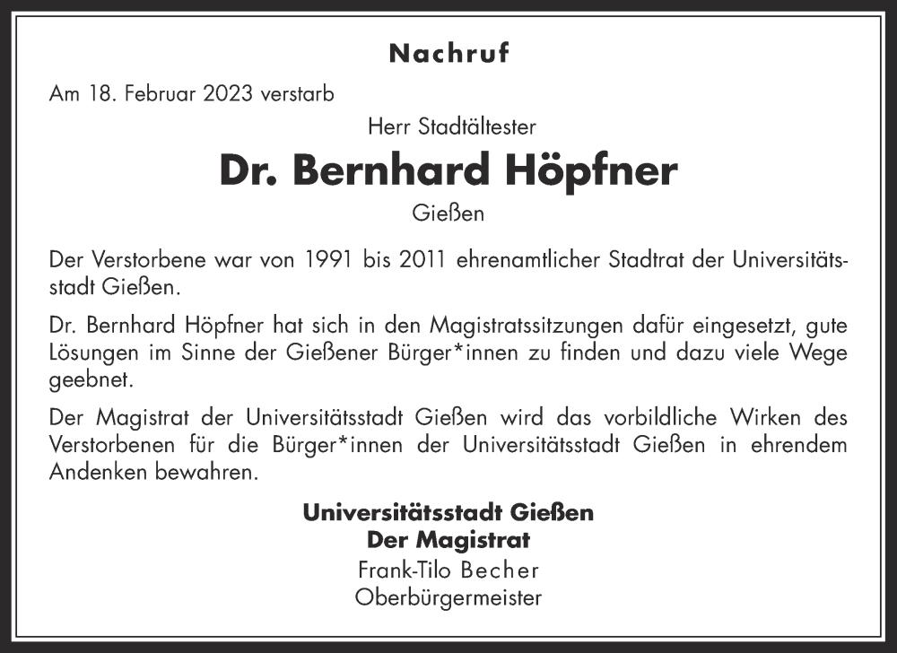  Traueranzeige für Bernhard Höpfner vom 04.03.2023 aus Giessener Allgemeine, Alsfelder Allgemeine, Giessener Anzeiger, Giessener Allgemeine, Alsfelder Allgemeine, Giessener Anzeiger