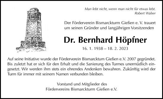 Traueranzeige von Bernhard Höpfner von Giessener Allgemeine, Alsfelder Allgemeine, Giessener Anzeiger