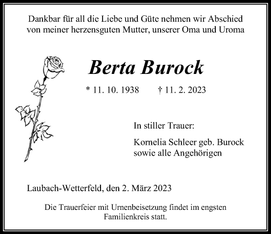 Traueranzeige von Berta Burock von Licher Wochenblatt