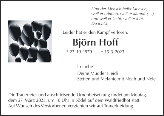 Traueranzeige von Björn Hoff von Wetterauer Zeitung