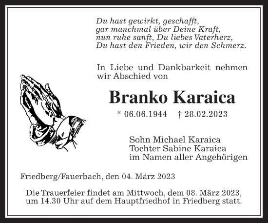 Traueranzeige von Branko Karaica von Wetterauer Zeitung, Wetterauer Zeitung
