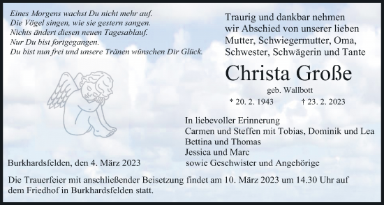 Traueranzeige von Christa Große von Giessener Allgemeine, Alsfelder Allgemeine, Giessener Allgemeine, Alsfelder Allgemeine