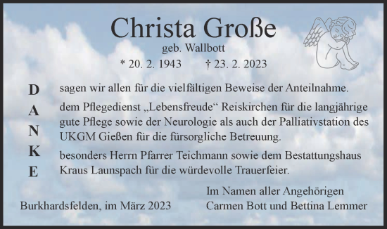 Traueranzeige von Christa Große von Giessener Allgemeine, Alsfelder Allgemeine