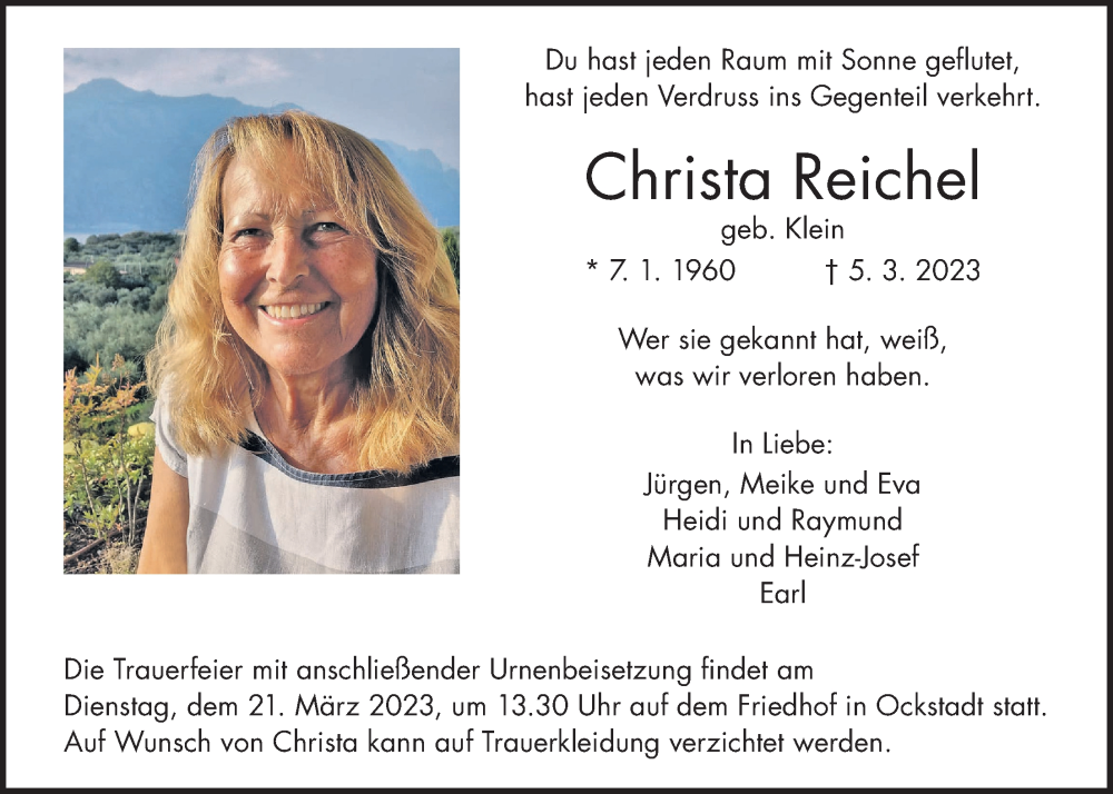  Traueranzeige für Christa Reichel vom 11.03.2023 aus Wetterauer Zeitung