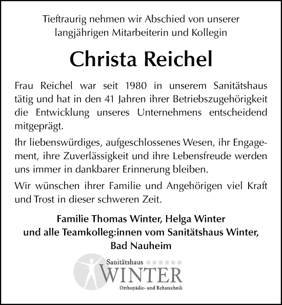Traueranzeige von Christa Reichel von Wetterauer Zeitung