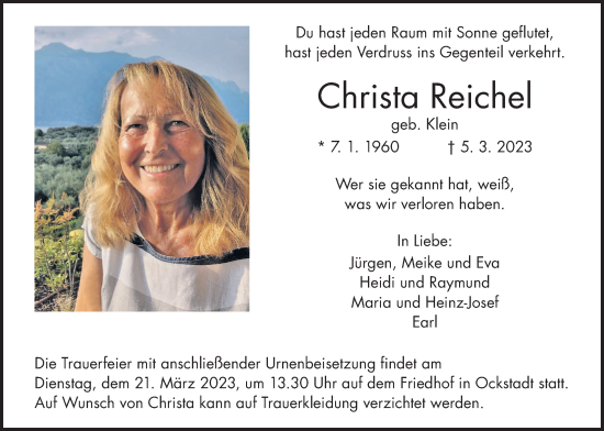 Traueranzeige von Christa Reichel von Wetterauer Zeitung