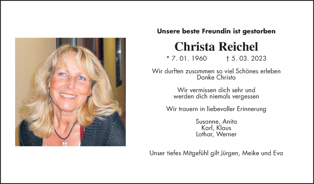 Traueranzeige für Christa Reichel vom 18.03.2023 aus Wetterauer Zeitung