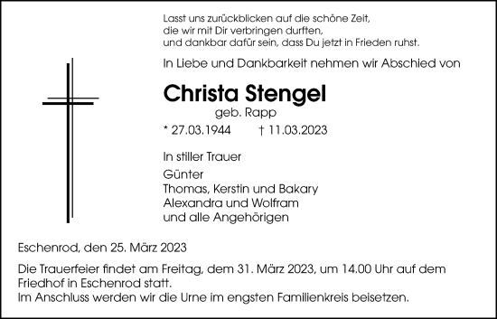 Traueranzeige von Christa Stengel von Kreis-Anzeiger