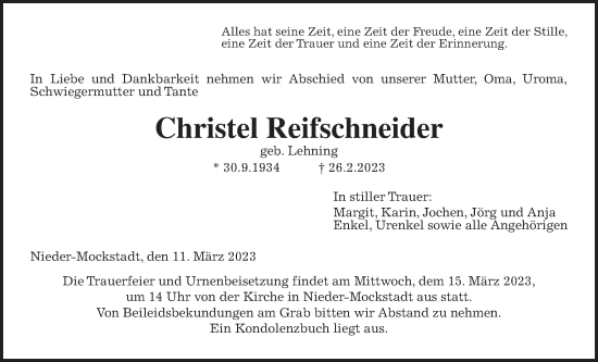 Traueranzeige von Christel Reifschneider von Kreis-Anzeiger