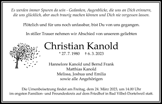 Traueranzeige von Christian Kanold von Bad Vilbel/Karben
