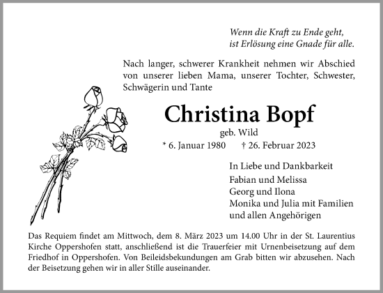 Traueranzeige von Christina Bopf von Wetterauer Zeitung, Wetterauer Zeitung