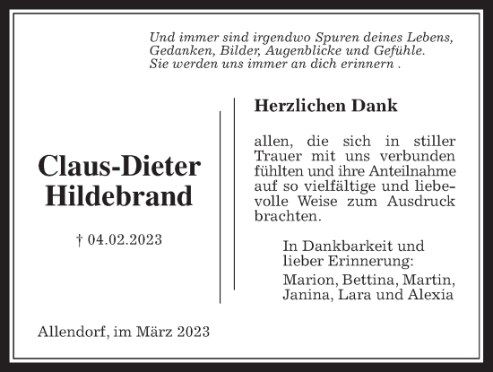 Traueranzeige von Claus-Dieter Hildebrand von Allendorfer Mitteilungen