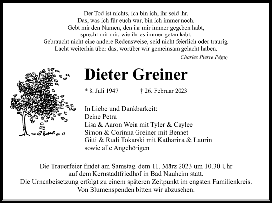 Traueranzeige von Dieter Greiner von Wetterauer Zeitung, Wetterauer Zeitung