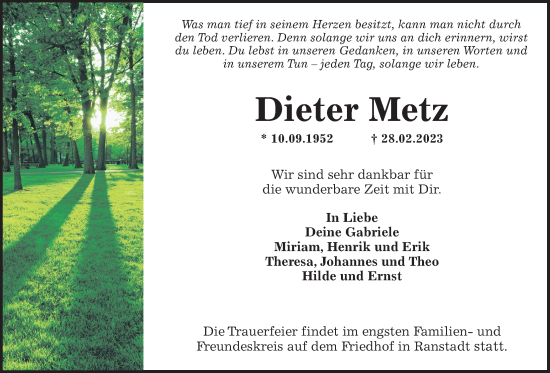 Traueranzeige von Dieter Metz von Kreis-Anzeiger
