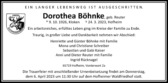 Traueranzeige von Dorothea Böhnke 