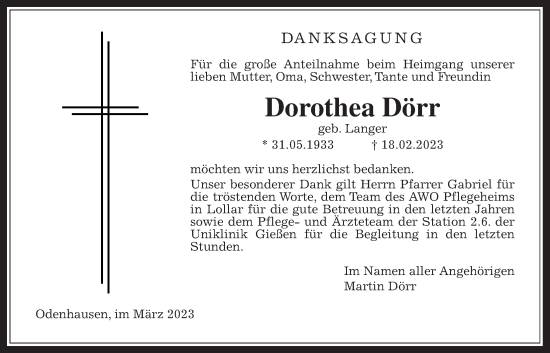 Traueranzeige von Dorothea Dörr von Rabenauer Zeitung