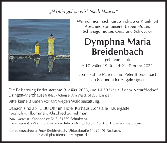 Traueranzeige von Dymphna Maria Breidenbach von Usinger Anzeiger