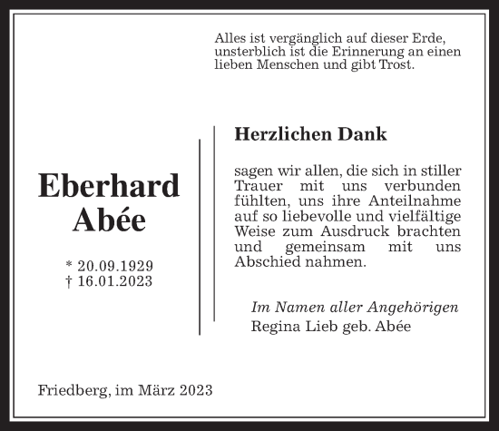 Traueranzeige von Eberhard Abée von Wetterauer Zeitung